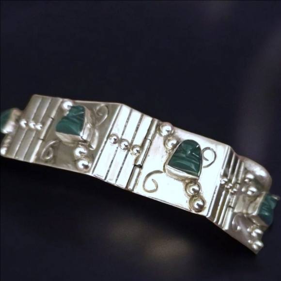 Vintage Solid 925 Sterling Silver Iguala Signed Mexico Bracelet Malachite - Picture 3 of 7